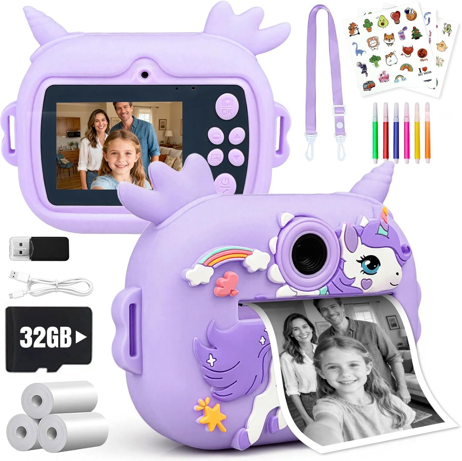 Kids Camera Instant Print, 1080P Kids Instant Cameras with Photo Printing and Fun Learning, Christmas Stuffers Birthday Gifts for Girls Age 3-12, Portable Toy for 3 4 5 6 7 8 9 10 Girls Boys, Purple