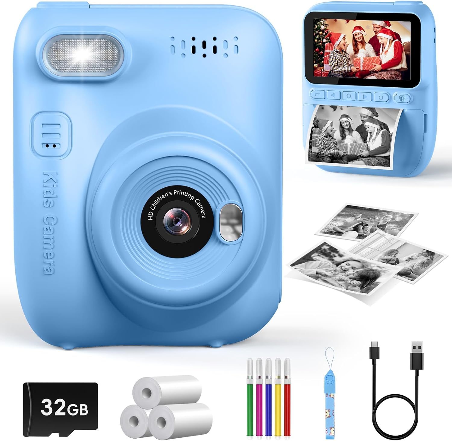 Kids Instant Print Camera, 3.0-inch HD Screen 32MP Photo Instant Digital Camera Christmas Birthday Gifts Toys for Children Girls Boys Age 3-12 – Blue