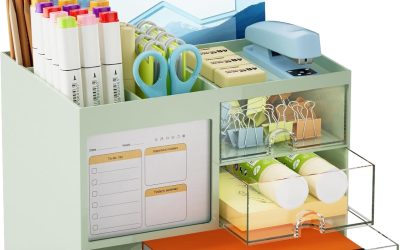 Marbrasse Desk Organizer with 3 Drawer, Multi-Functional Pencil Pen Holder for Desk, Desk Organizers and Accessories with 4 Compartments, Desktop Organizer Storage for Office Home Supplies (Green)