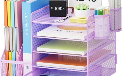 Marbrasse Desk Organizer with File Holder, 5-Tier Paper Letter Tray Organizer with Drawer and 2 Pen Holder, Mesh Desktop Organizer and Storage with Magazine Holder for Office Supplies(Purple)