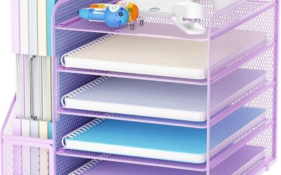 Marbrasse Desk Organizers and Accessories, 5-Tier Paper Letter Tray Organizer with File Holder, Mesh File Organizer, Office Desk Accessories & Organization for Supplies (Purple)