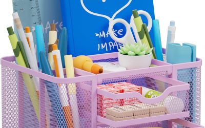 Marbrasse Mesh Desk Organizer, Pen Holder with 2 Drawer, Multi-Functional Pencil Holder, Desk Organizers and Accessories with 5 Compartments + Drawer for Office Art Supplies (Purple)