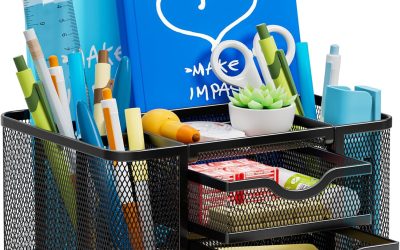 Marbrasse Mesh Desk Organizer, Pen Organizer with 2 Drawer, Multi-Functional Pencil Holder, Desk Organizers and Accessories with 5 Compartments + Drawer for Office Art Supplies (Black)