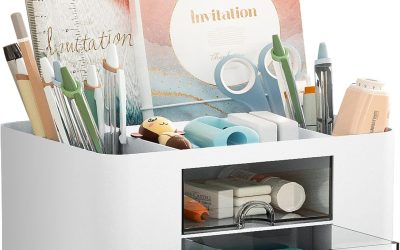 Marbrasse Pen Organizer with 2 Drawer, Multi-Functional Pencil Holder for Desk, Desk Organizers and Accessories with 5 Compartments + Drawer for Office Art Supplies (White)