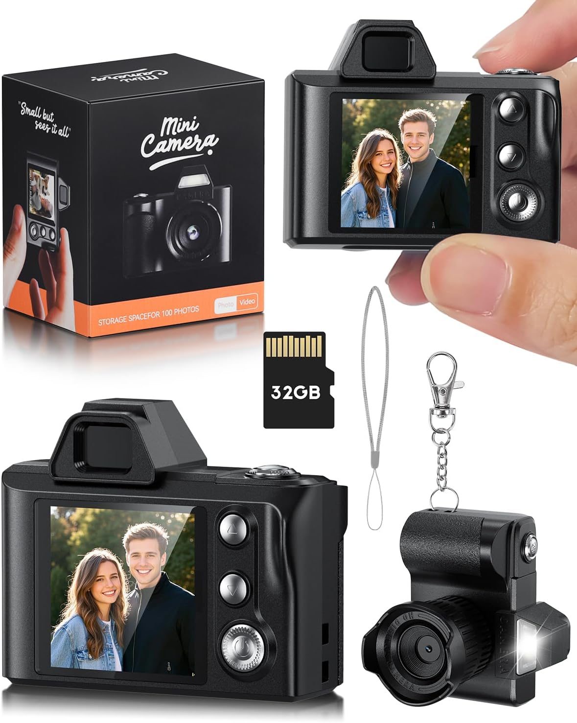 Mini Digital Camera, 1080P Portable Camera for Photography with 32GB SD Card, Key Card Clip Chain for Teenagers, Adult Beginners