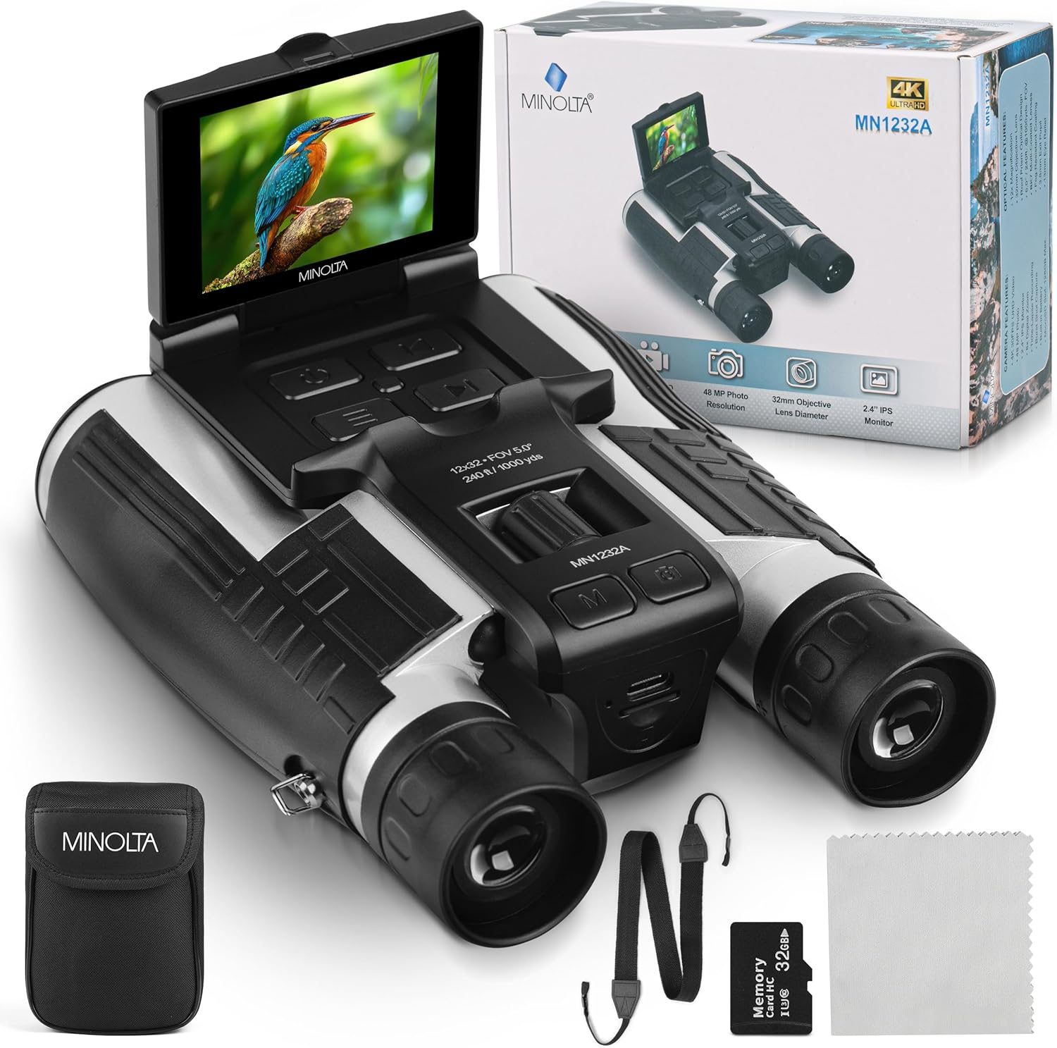 Minolta 12×32 Digital Binoculars – 4K UHD Video Camera, 48MP Photo, 8X Digital Zoom, IPS Anti-Glare Screen, Fog-Resistant Optics, Compact, Ideal for Birdwatching & Travel Hunting