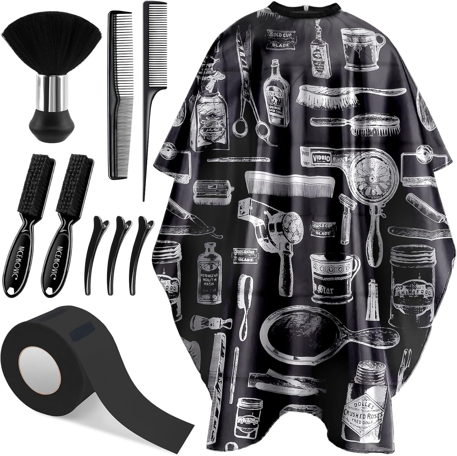 NICEMOVIC 10 in 1 Hair Cutting Barber Cape with Neck Duster Brush Barber Brush Neck Strips Hair Combs Hair Clips, Professional Barber Accessories Cleaning Supplies for Salon Haircut Styling