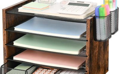 OPNCIE Desk Organizer and Accessories, 5-Tier Paper Letter Tray File Organizer with Drawer & 2 Pen Holder, Office Desk Accessories Workspace Desktop Organizer for Office Supplies(Brown)