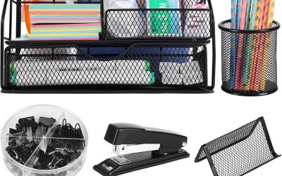 Office Supplies Desk Organizer – Desk Organizers and Accessories, Supplies Set with Pen Holder, Stapler and 72 Clips Set for Office, Home, School, Black