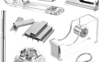 Office Supplies Set Desk Accessory Kit, Acrylic Stapler Set Staple Remover, Tape Dispenser, Binder Clips, Paper Clips, Ballpoint Pen and Scissor with 1000 Pieces 26/6 Staples (Silver)