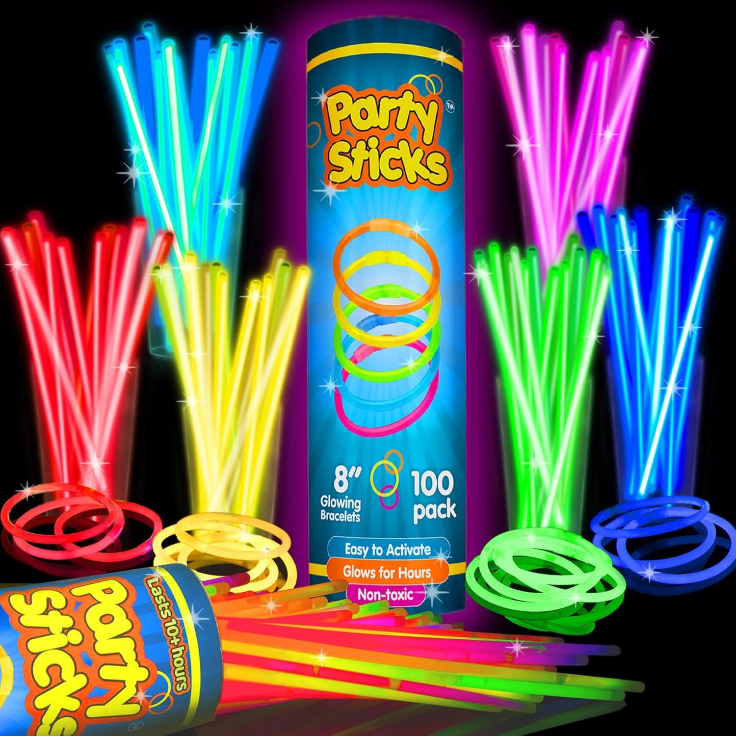 PartySticks Glow Sticks Party Supplies 100pk – 8 Inch Glow in the Dark Light Up Sticks Party Favors, Glow Decorations, Neon Party Glow Necklaces and Glow Bracelets with Connectors