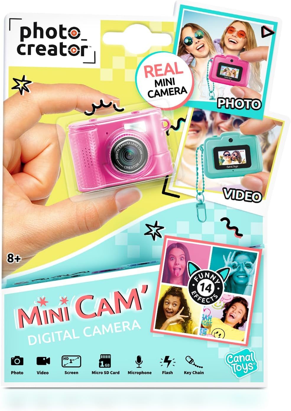 Photo Creator Mini’Cam Compact Digital Camera – Pink; Customize with 6 Frames and 8 Built-in Color Filters; Compact; 1GB Micro-SD Card Included