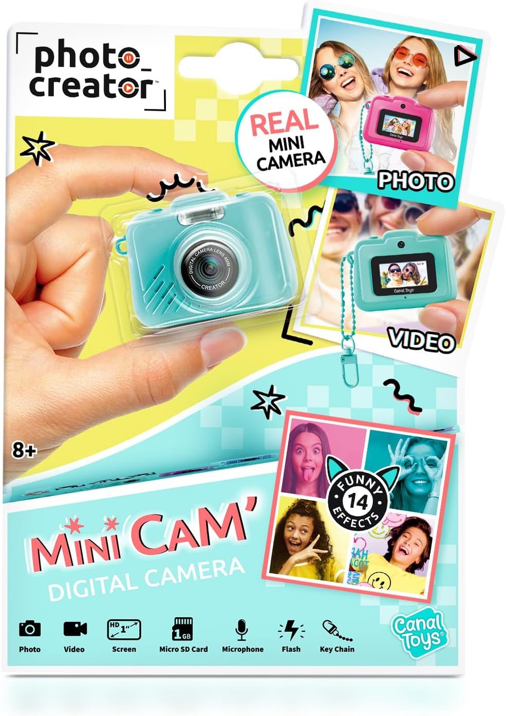 Photo Creator Mini’Cam Original Digital Camera – Turquoise; Customize with 6 Frames and 8 Built-in Color Filters; Compact; 1GB Micro-SD Card Included