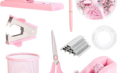 Pink Desk Accessories, Pink Office Supplies Set with Stapler, Tape Dispenser, Staple Remover, Pen Holder, Scissor, Binder/Paper Clips, Ballpoint Pen, Clear Tape and 1000pcs Staples