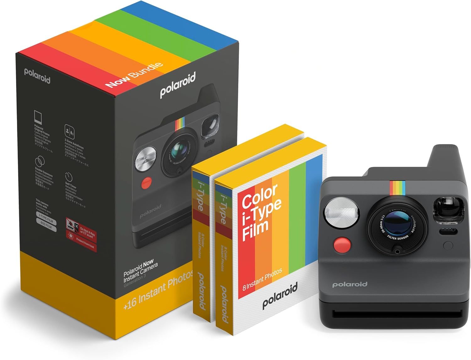 Polaroid Now 3rd Generation I-Type Instant Camera + Film Bundle – Now Black Camera + 16 Color Photos (6560)