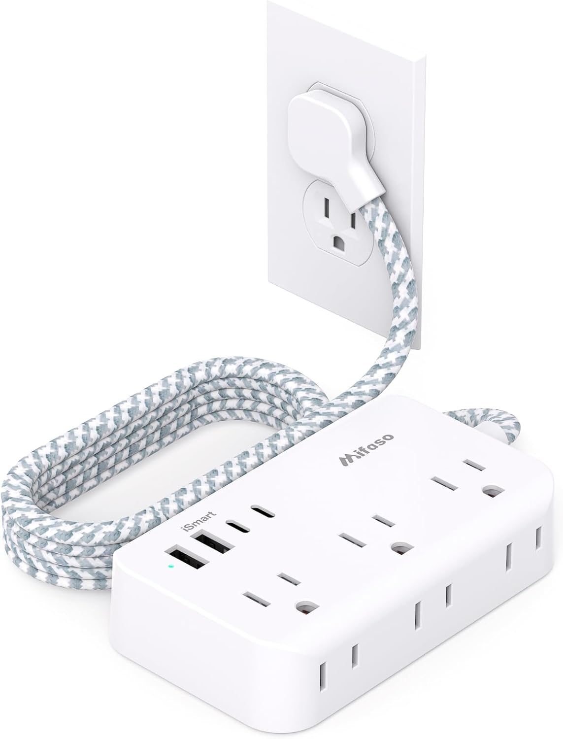 Power Strip Extension Cord – 6 Outlets and 4 USB (2 USB C), 5Ft Braided Cord with Ultra Thin Flat Plug, Wall Mount, Overload Protection, Compact for Travel, Cruise Ship, and Dorm Room Essentials