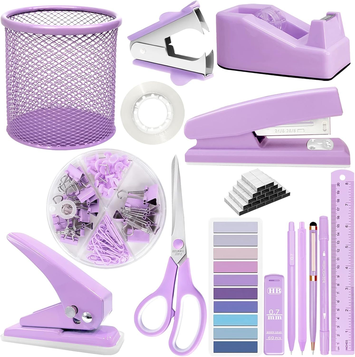Purple Desk Accessories Set – 16 Pcs Purple Office Supplies with Stapler, Tape Dispenser, Pen Holder, Staple Remover, Hole Punch, Staples Aesthetics Desk Sets for Office, Home, School Women