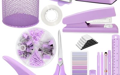 Purple Desk Accessories Set – 16 Pcs Purple Office Supplies with Stapler, Tape Dispenser, Pen Holder, Staple Remover, Hole Punch, Staples Aesthetics Desk Sets for Office, Home, School Women