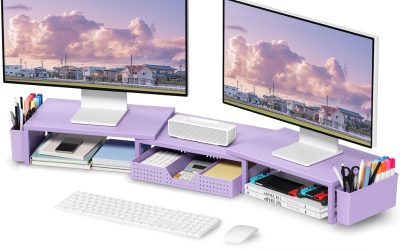 Purple Desk Organizers and Accessories, Dual Computer Monitor Stand Riser with Drawer and 2 Pen Holders, Office Desk Accessories, Workspace Desktop Organization for Office Supplies
