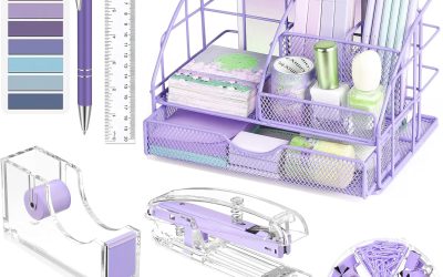 Purple Desk Organizers and Accessories, Purple Office Supplies with Mesh Desk Organizer, Acrylic Tape Dispenser and Stapler, Staples, Ballpoint Pen, Clips Set, Ruler, Scissor, Sticky Labels