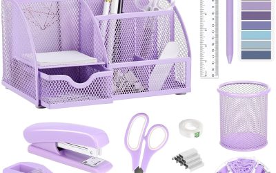 Purple Office Desk Accessories Supplies, 12pcs Desk Organizers and Accessories with Tape dispenser and Stapler,Staples,Staple Remover,Pen Holder,Scissor,Ruler,Sticky Tabs,Tape,Ballpoint Pen,Clips Set