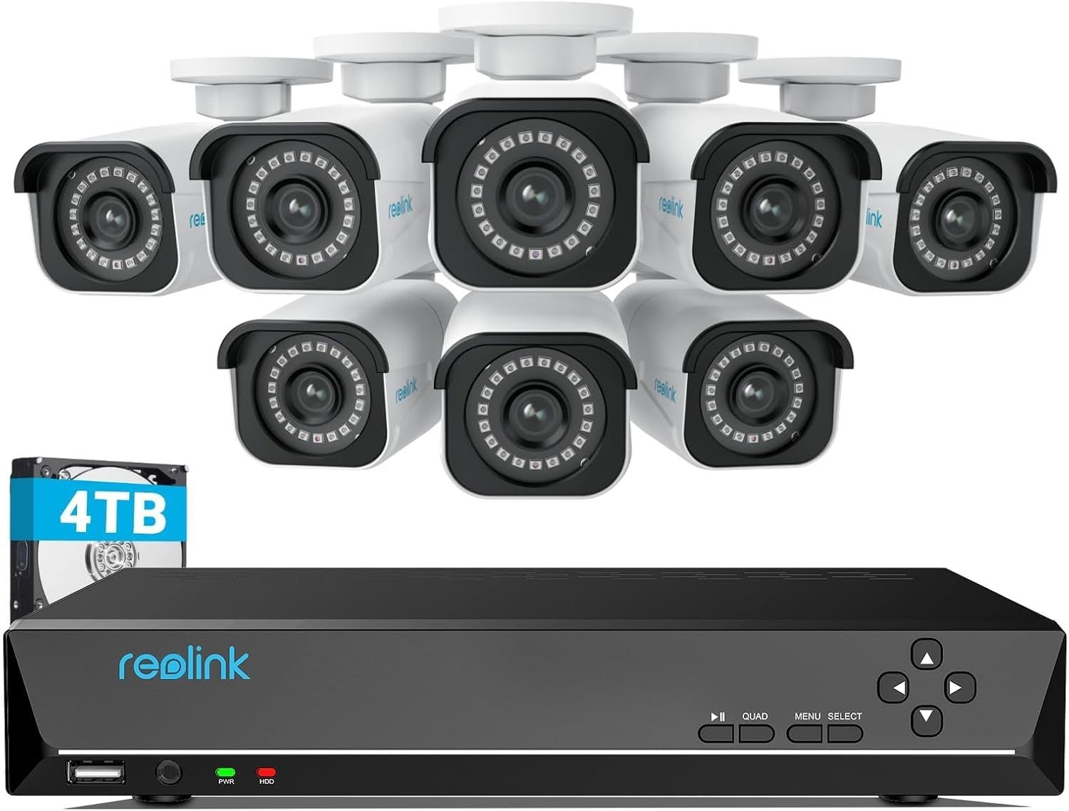 REOLINK 4K Security Camera System, RLK16-800B8 8pcs H.265 PoE Wired with Person Vehicle Detection, 8MP/4K 16CH NVR with 4TB HDD for 24-7 Recording