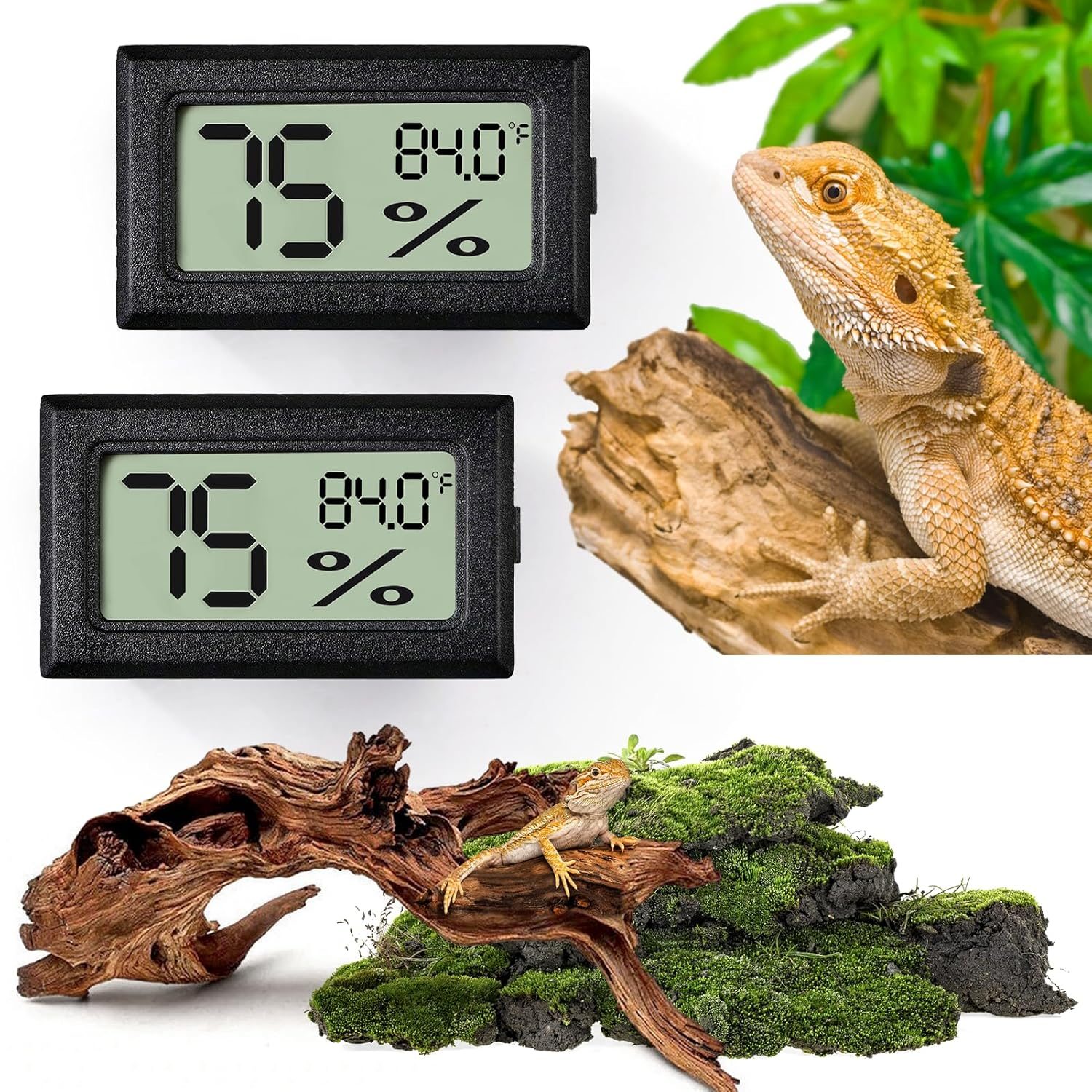Reptile Thermometer and Humidity Gauge,2PCS Digital Hygrometer Adhesive Reptile Terrarium Hydrometer,Bearded Dragon Tank Accessories,Pet Humidity Meter Supplies for Leopard Crested Gecko,Snake,Lizard