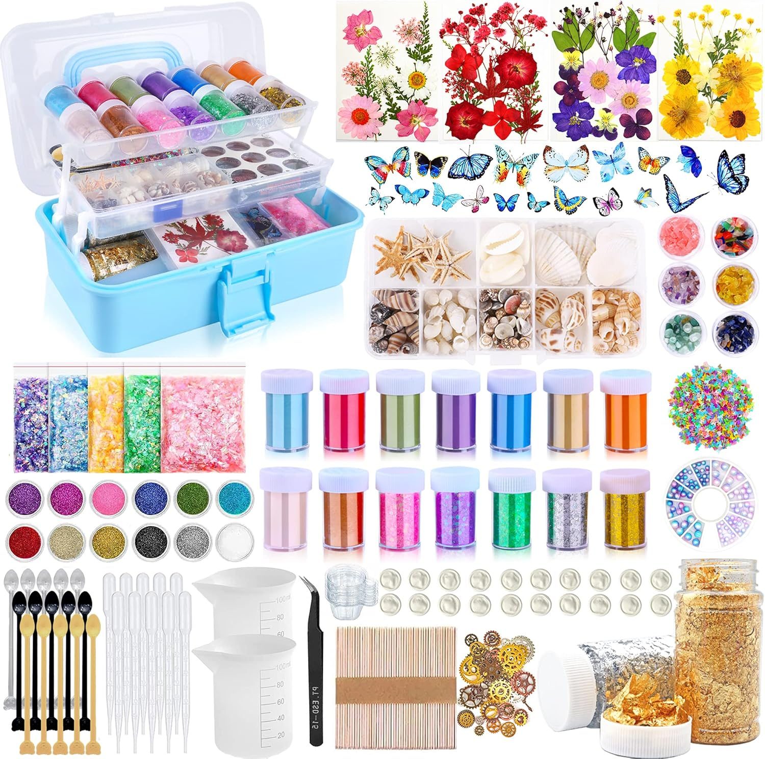 Resin Decoration Accessories Kit,Supplies Kit for Beginner,with Dried Flowers,Butterfly Stickers,Mica Powder and Fillers,Measuring Cups Tool Kit,for Resin Jewelry Making