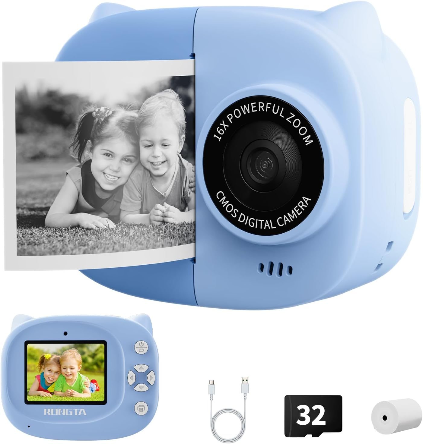 Rongta Kids Camera Instant Print, 1080P Kids Instant Cameras That Print Photos, Christmas Birthday Gifts for Boy Age 3-12, Video Camera Portable Toy for 3 4 5 6 7 8 9 10 Year Old Boy(Blue)