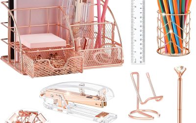 Rose Gold Desk Organizers and Accessories Office Supplies Set Stapler, Pen Holder, Phone Holder, Scissors, Pen, Ruler, 30 Paper Clips, 22 Binder Clip, 20 Tacks and 1000pcs Staples