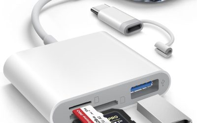 SD Card Reader for iPhone iPad Built-in Lightening & USB-C Dual Connectors Card Adapter with SD MicroSD USB-A 3 Slots Trail Camera Memory Card Viewer, Portable No App Required Plug and Play