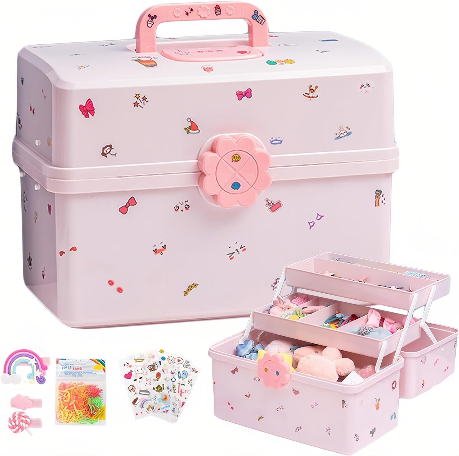 SEAHOME Hair Accessories Organizer for Girls Headbands, Clips, Ties Baby Girl Supplies, Lockable Three-layer Folding Craft Organizers and Storage Plastic Jewelry Box, 11.4×6.3×6.3in