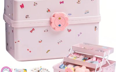 SEAHOME Hair Accessories Organizer for Girls Headbands, Clips, Ties Baby Girl Supplies, Lockable Three-layer Folding Craft Organizers and Storage Plastic Jewelry Box, 11.4×6.3×6.3in