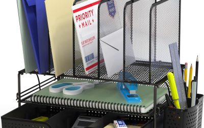 SIMPLE HOUSEWARE Mesh Desk Organizer with Sliding Drawer, Double Tray and 5 Upright Sections, Black