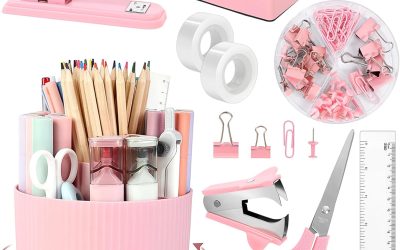 SKYDUE Pink Desk Accessories 10Pcs, Rotating Pen Holder for Desk, Stapler, Staple Remover, Tape Dispenser,2pcs Tape Refills, Binder Paper Clips Kit, Scissor,Pink Office School Supplies