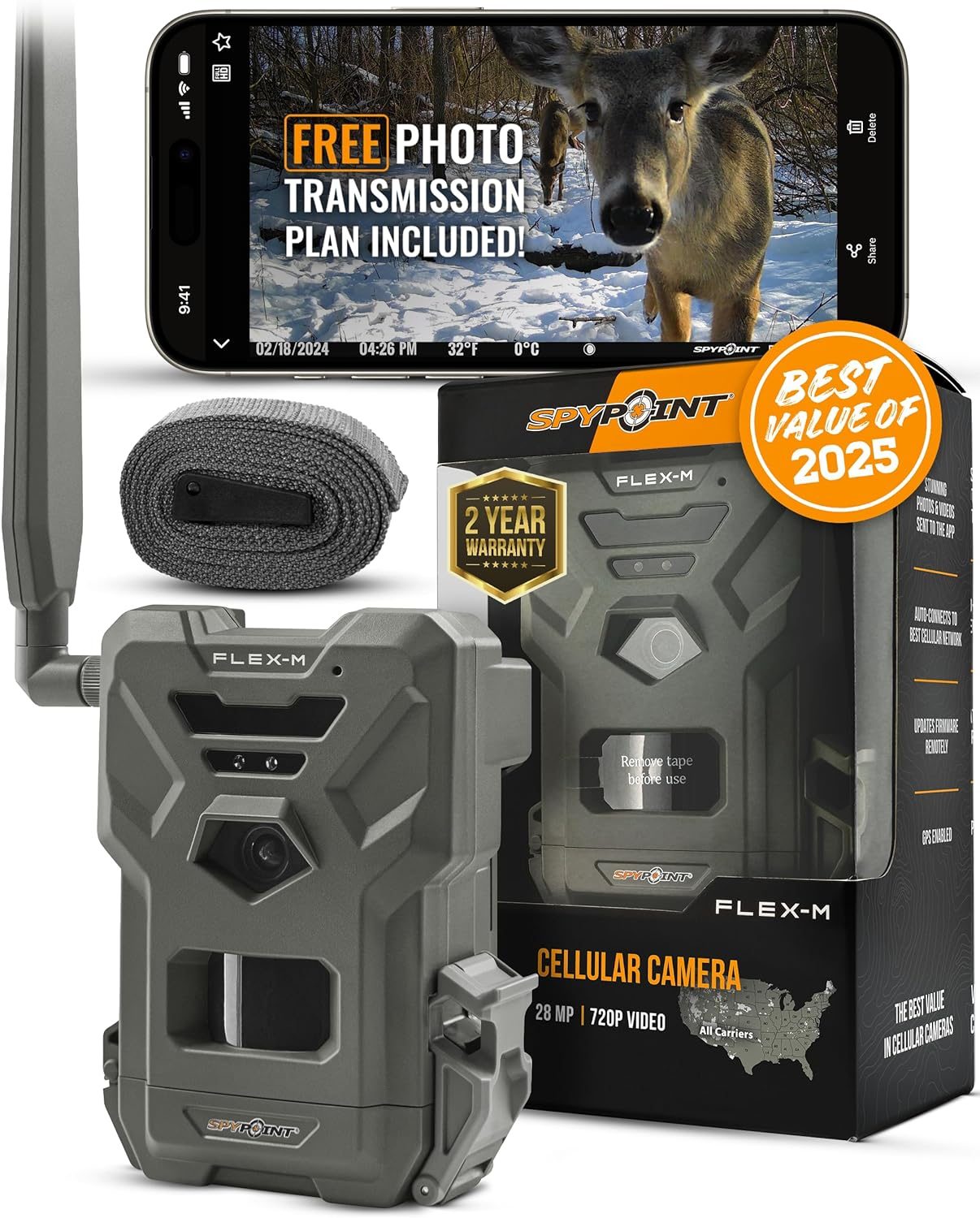 SPYPOINT Flex-M Cellular Trail Camera – Best Hunting Accessories, No WiFi Needed, Night Vision, Motion Activated, Dual-Sim LTE, IP65 Water-Resistant Game Camera, 28MP Photos, 720p Videos + Sound (1)