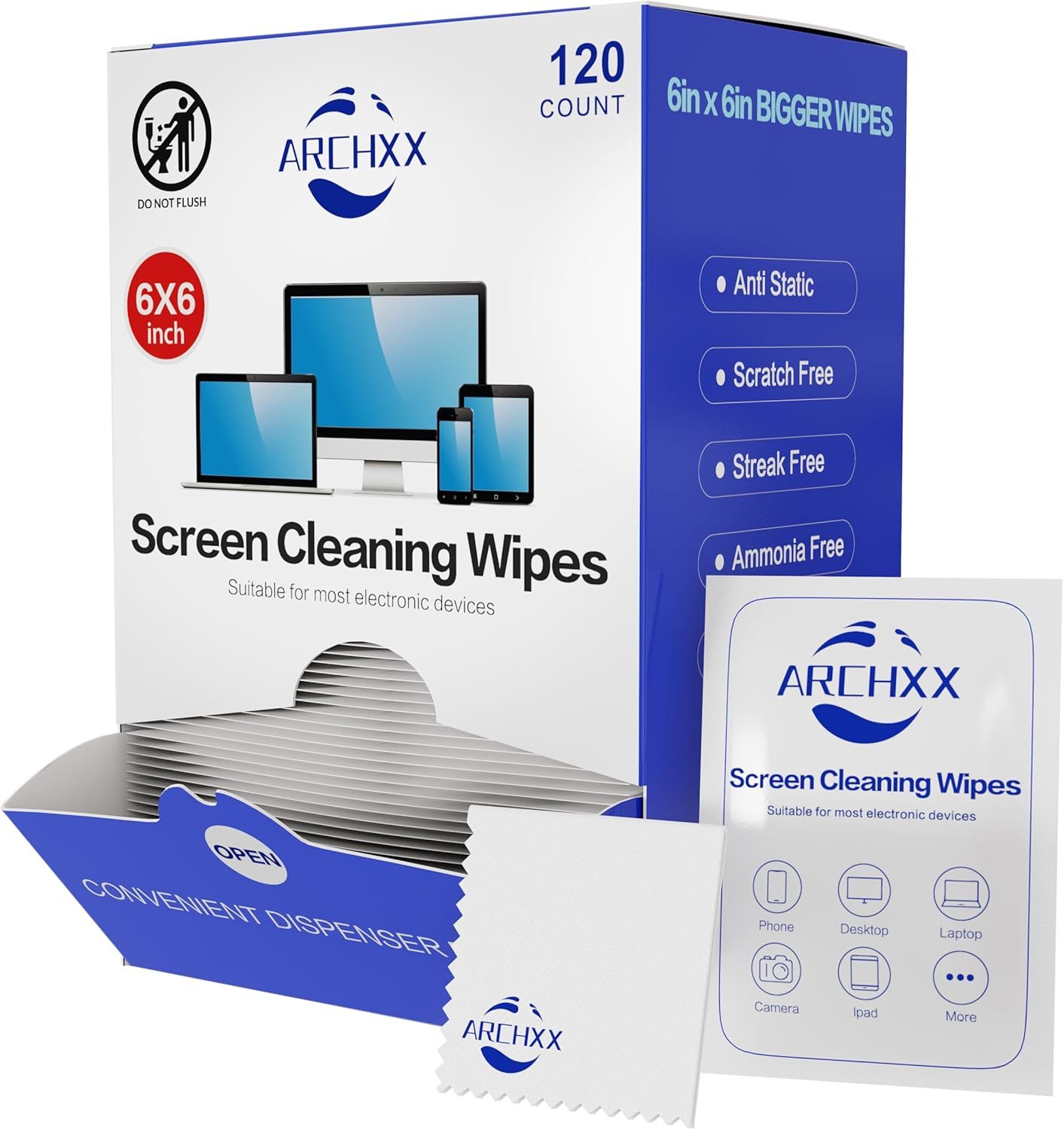 Screen Wipes for Electronics, 120 Count 6″x6″ Pre-Moistened Screen Cleaner for Screens, Computer,Laptop,Tablet,Phone,Monitor,Car Screen Cleaner, Lens Wipes Individually Wrapped