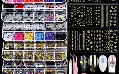Teenitor Nail Charms Nail Art Kit with 15 Sheets Gold Nail Stickers, 6 Boxes of Nail Gems Nail Art Tools Nail Rhinestones for Nails, Nail Supplies 3D Nail Charms and Gems Nail Decals Nail Pearls
