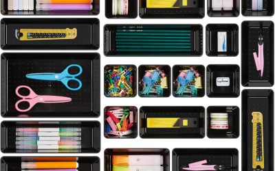 Vtopmart 25 PCS Office Desk Drawer Organizers Set, 4-Size Versatile Plastic Drawer Organizer Trays, Storage Bins for Desk Accessories Office Organizers and Storage, Bathroom, Makeup, Vanity, Black