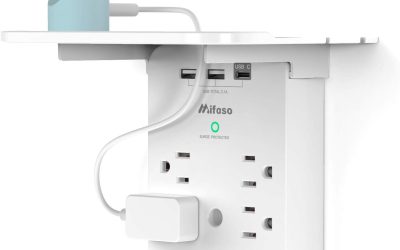 Wall Outlet Extender with Surge Protector, 6 AC Outlets, Shelf, 2 USB & USB C Charging Ports – Home & Dorm Plug Expander