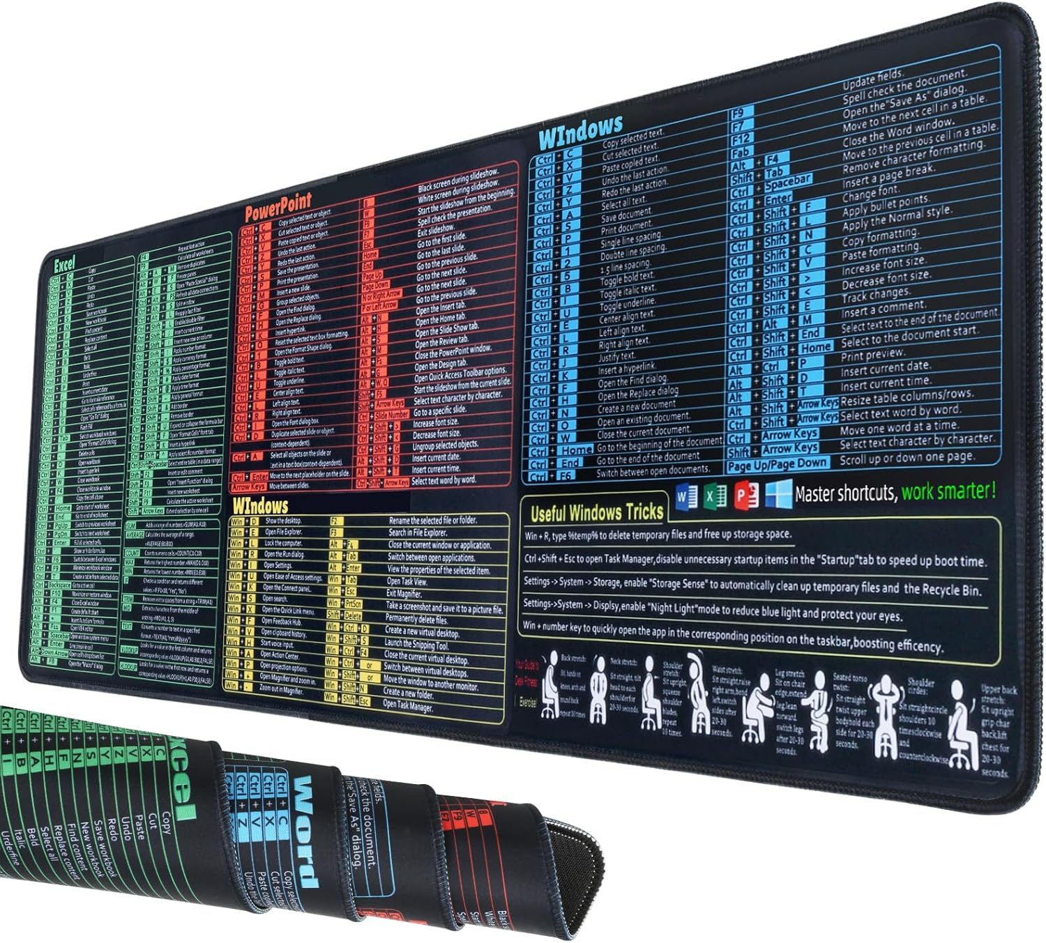 Windows, Word, Excel & PowerPoint Cheat Sheet Desk Pad, Large Mouse Pad, Keyboard Shortcut Desk Mat, Large Matt Desktop for Office Supplies(Win+Office)