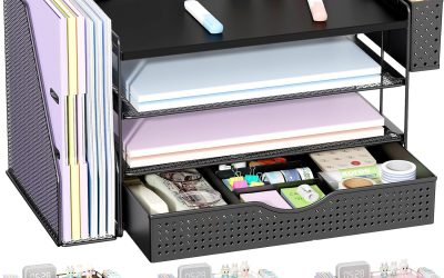 Wood Desk Organizers and Accessories with File Holder, 4-Tier Desk Accessories & Workspace Organizers with Drawer and Pen Holder, Paper Organizer for Office Supplies (Black)