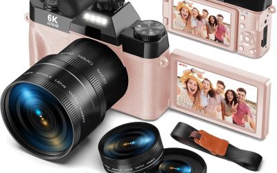 Yatao Digital Cameras for Photography and Vlogging, 6K 64MP Flip Screen, Dual Lens, Microphone for Video, 64GB TF Card, Compact Photo WiFi Camera for YouTube Kit Travel, Beginners (Pink)