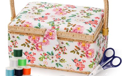 ZOOFOX Sewing Basket with Accessories, Wooden Sewing Kit Storage Box with Removable Tray, Vintage Sewing Kits Carrying Bag for Sewing Mending, Beginner, Professional, Floral Print, Gift for Christmas