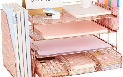 gianotter Desk Organizers and Accessories with File Holder, 4-Tier Desk Accessories & Workspace Organizers with Drawer and 2 Pen Holder, Paper Organizer for Office Supplies (Rose Gold)