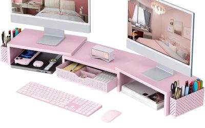 gianotter Dual Monitor Stand Riser, Desk Organizer With Drawer and 2 Pen Holders,Desk Organizers and Accessories, Pink Office Supplies (Pink)